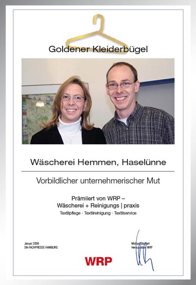 Wäscherei Hemmen-Parkett Star Urkunde Wäscherei Hemmen